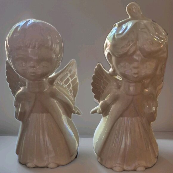 Vintage Ceramic White  Iridescent Kissing Angels Figurines Girl and Boy 8 in - Picture 1 of 5